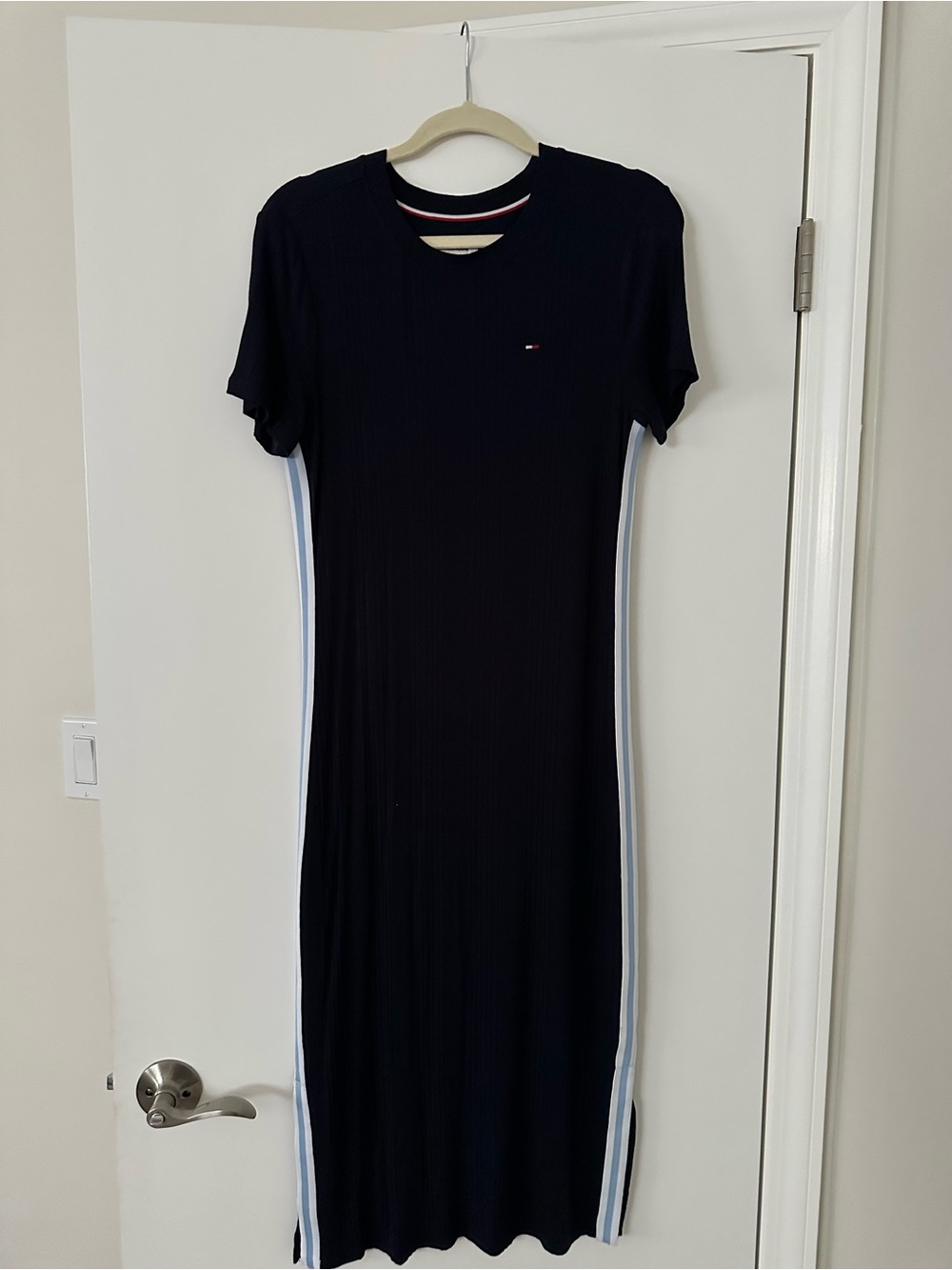 Tommy Hilfiger Navy Ribbed Maxi Dress with White and Light Blue Stripes